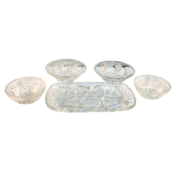 Vintage Serving Dish & 4 Matching Bowls Set Anchor Hocking Star of David Clear P - Picture 2 of 13
